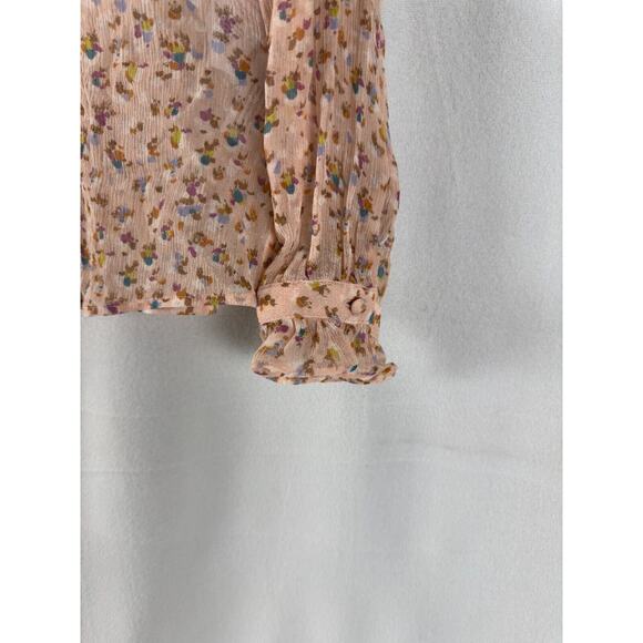 COACH Sz 4 Floral Ruffle Blouse 100% Silk Chiffon Peachy Button Top Semi-Sheer - Picture 3 of 10